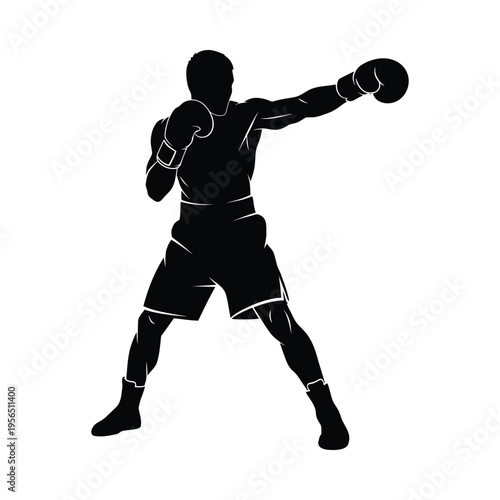 Silhouette of a boxer in mid-punch, dynamic pose, athletic power, intense focus, black and white contrast