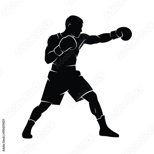 Silhouette of a boxer in mid-punch, dynamic pose, athletic power, black and white, intense mood