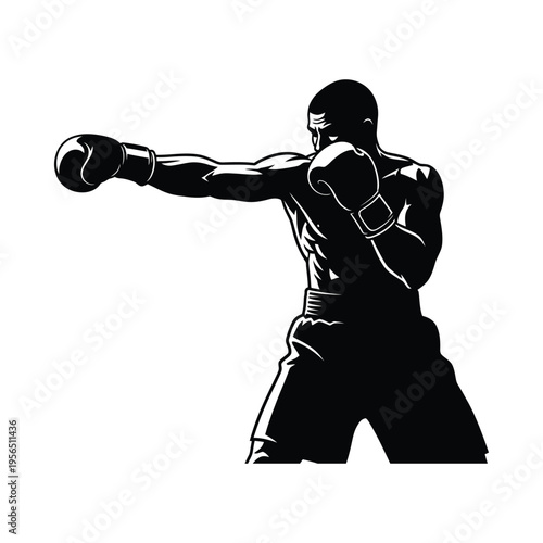 Silhouette of a boxer in mid-punch, showcasing strength and determination in a dynamic athletic pose