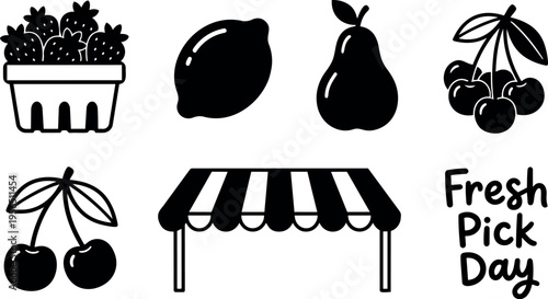 Vector line art set of fruit icons and market stall with fresh pick day
