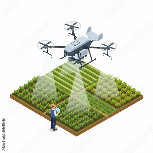 Farmer overseeing drone spraying crops in a field.