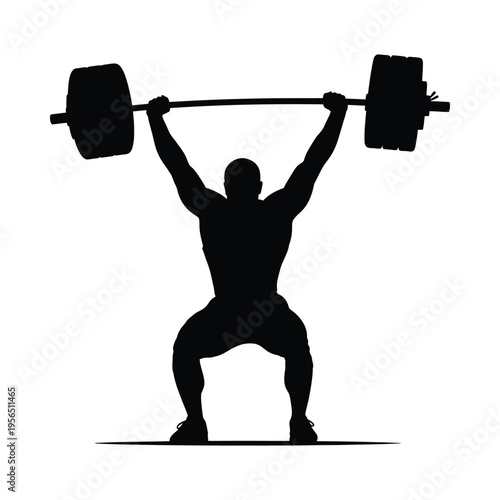 Silhouette of a weightlifter performing a clean and jerk with a barbell, showcasing strength and determination