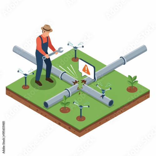 Farmer repairing broken irrigation pipe in agricultural field.