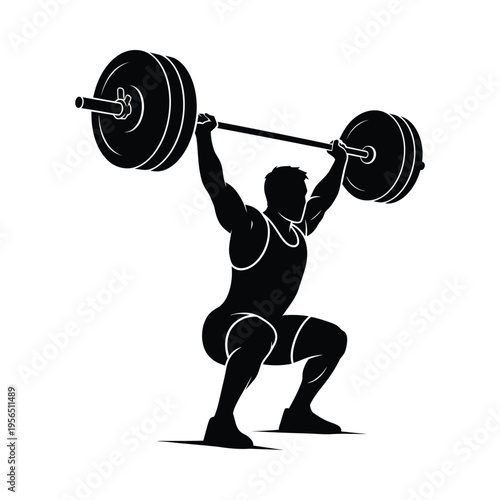 Silhouette of a weightlifter performing a clean and jerk in a gym, showcasing strength and determination