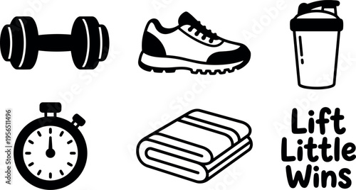 Vector art fitness icons set including dumbbell sneaker shaker stopwatch book and lift little wins