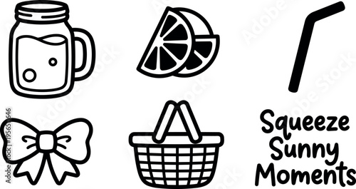 Line art icons set mason jar lemon slices straw bow basket squeeze sunny moments