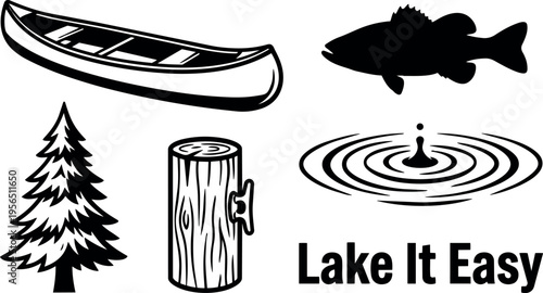 Vector landscape with canoe and fish silhouettes by pine tree log and lake ripples