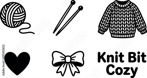 Knit lifestyle icons set with yarn needles sweater heart bow and cozy text