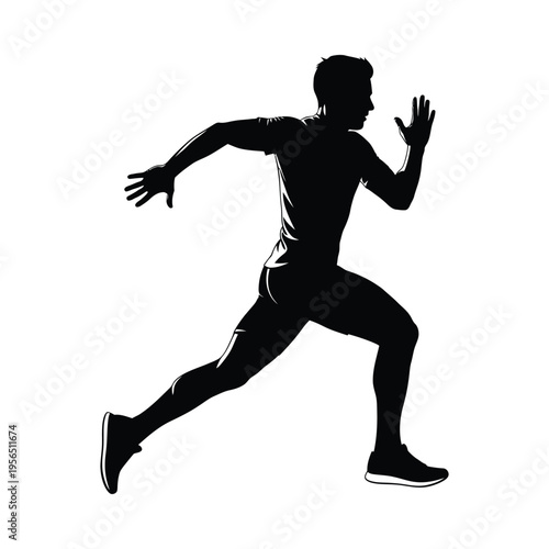Silhouette of a runner in mid-stride, conveying motion and athleticism against a stark white background