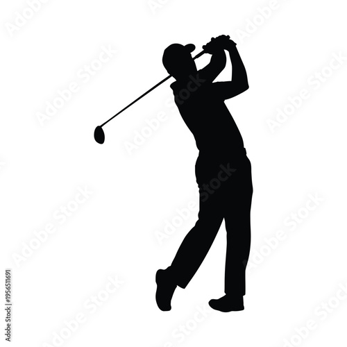 Silhouette of a golfer in mid-swing, capturing the intensity and focus of the sport on a clear day