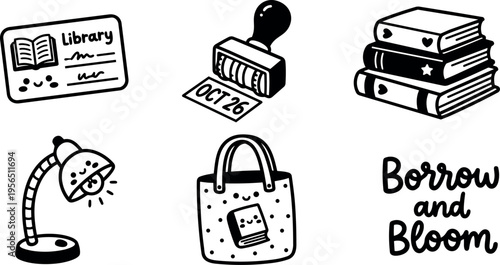 Line art library theme vector set with books lamp tote bag and stamp