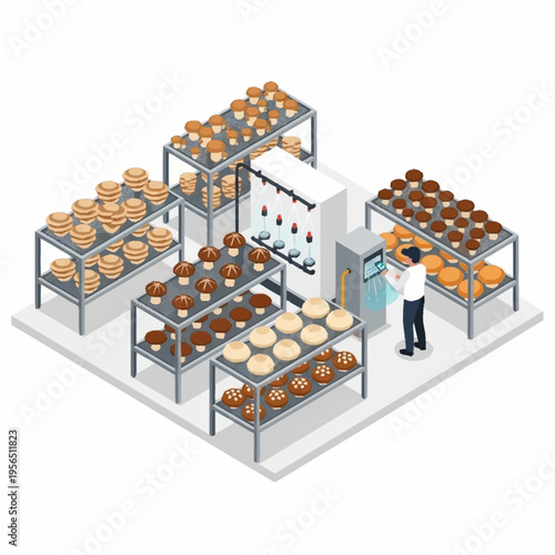 Isometric illustration of a modern bakery with a worker and various baked goods on shelves.