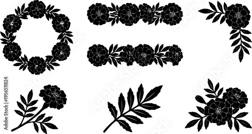 Floral silhouette vector set with circular wreaths and stems monochrome black on white