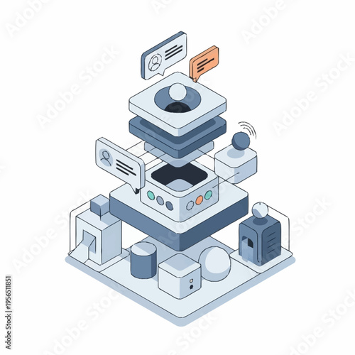 Isometric illustration of data processing and information exchange.
