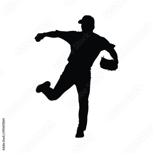 Silhouette of a baseball pitcher in mid-throw, dynamic action shot with intense focus and athleticism