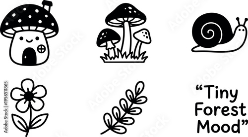 Line art mushrooms and snail with tiny forest mood and floral elements