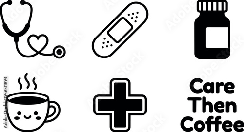 Vector art with medical care vibe and coffee logo reading care then coffee