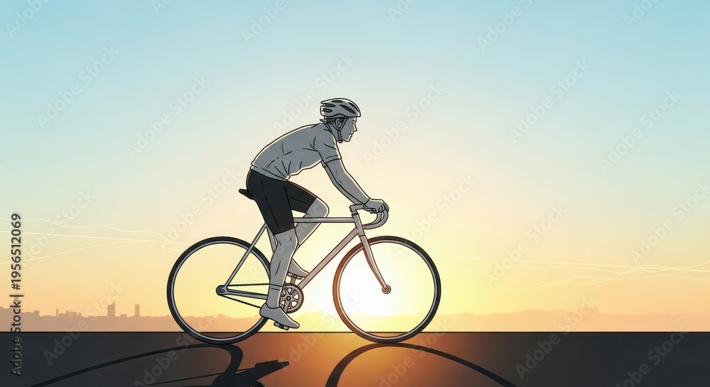 Naklejka premium Athletic individual cycling along a pavement against a brightly lit morning or evening horizon.