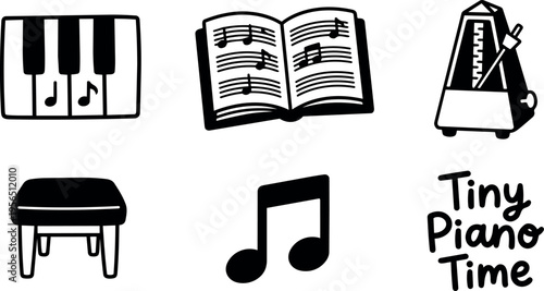 Hand drawn piano icons set with keyboard sheet music bench music note tiny time