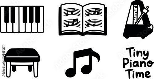 Line art piano icons and tiny piano time text in black and white