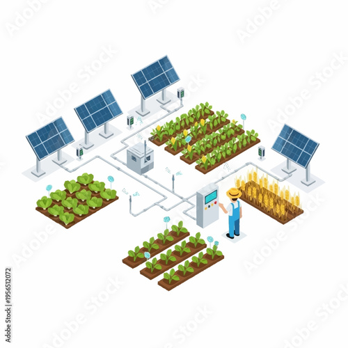 Isometric Smart Farm with Solar Panels and Farmer.