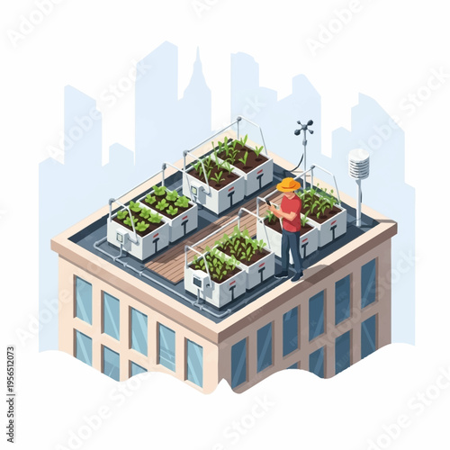 Isometric rooftop garden with worker and planters.