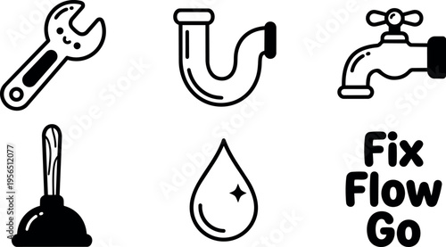 Vector icons of wrench pipe faucet plunger and water drop with fix flow go