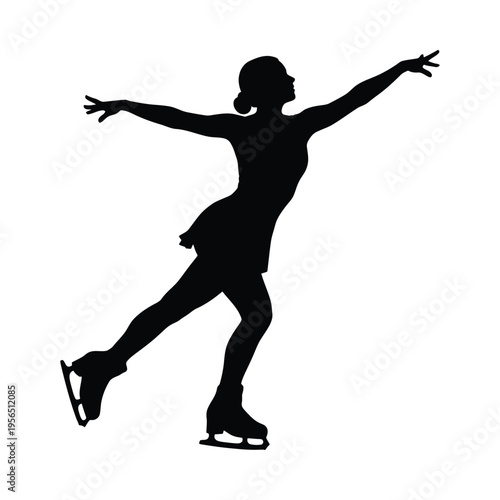 Silhouette of a figure skater in mid-performance, arms outstretched, dynamic pose on ice, conveying grace and athleticism