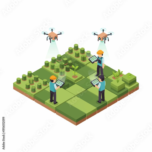 Isometric Smart Farming with Drones and Farmers Monitoring Crops.