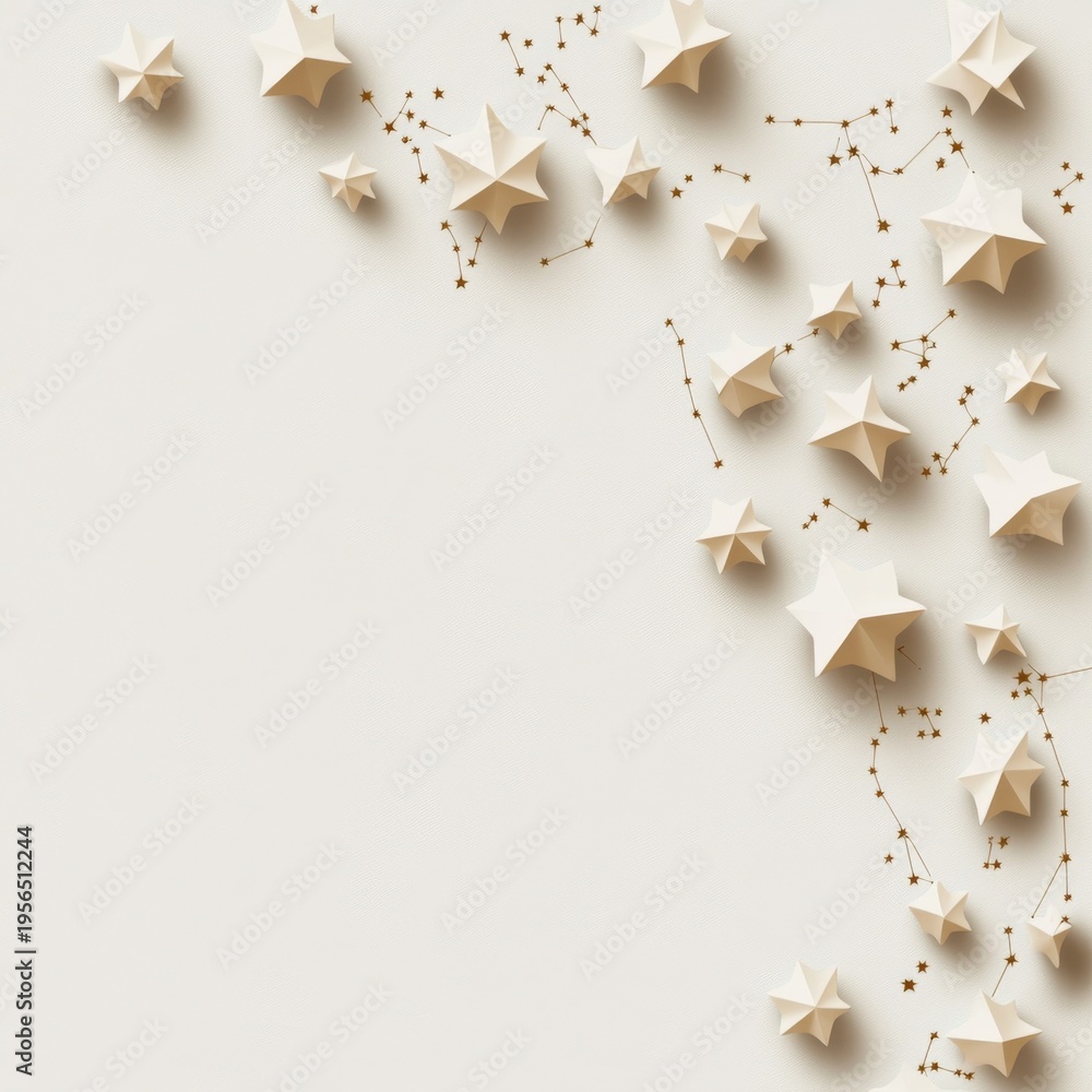 Fototapeta premium Cream Paper Stars and Constellations Minimalist Celestial Design with Diagonal Flow on Textured Background, Serene Dreamscape, Origami, Cosmic