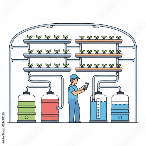 Man monitoring hydroponic system in controlled environment agriculture.