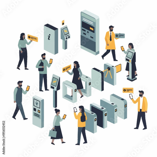 People using various ticket machines and turnstiles for access control.