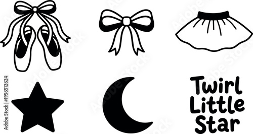 Vector line art ballet set with shoes bows tutu star moon and twirl little star phrase