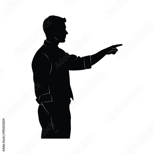 Silhouette of a man pointing towards the right side, standing in a dynamic pose against a white background