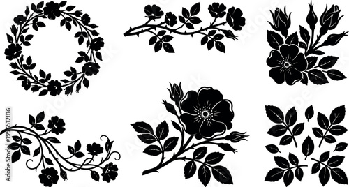 Floral vector silhouettes of roses blossoms branches and leaves for decorative patterns