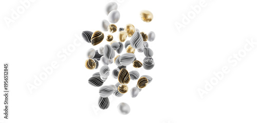 Stylish 3D illustration featuring floating eggs in gold, silver, and black. Perfect for modern design and abstract conce