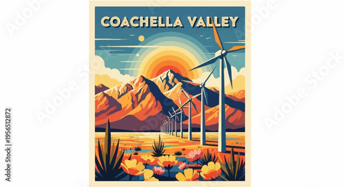 Vibrant coachella valley desert landscape with wind turbines colorful flowers and majestic mountains at sunset