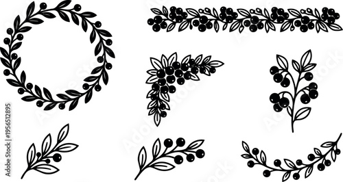 Vector art olive branch wreath set with leaves and berries