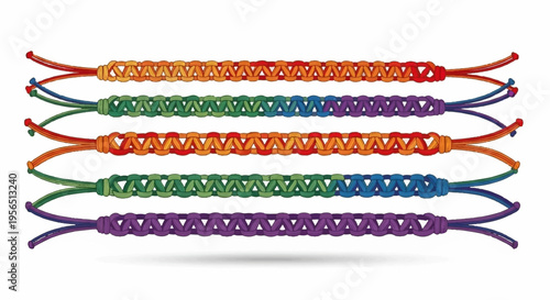 Colorful woven friendship bracelets in orange green purple blue and pink hues stacked horizontally on white background