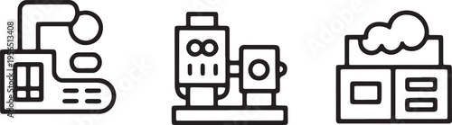 Industrial manufacturing facility and production line machinery outline icons for factory vector