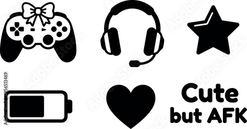 Line art icons set featuring game controller headset star battery heart and text cute but afk