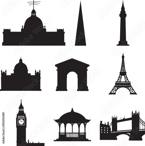 Set of nine city landmark silhouettes isolated on white background famous european buildings