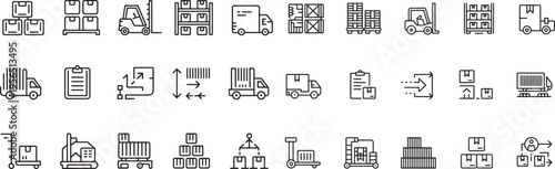 Logistics and warehouse management icons depicting shipping delivery and storage of cargo boxes