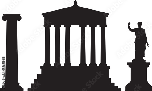 Silhouette of an ancient roman temple, a tall column, and a statue on a pedestal
