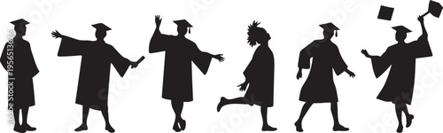 Silhouette of graduating students celebrating their success with academic gowns and mortarboard caps