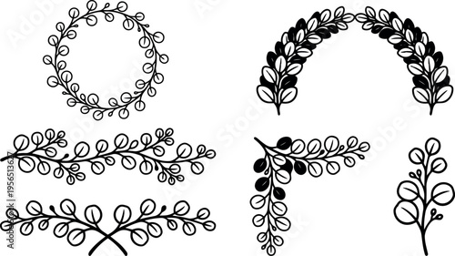 Botanical wreath line art collection featuring circular and arched leaves designs for crafts