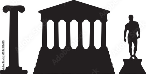 Silhouette of I Greek column building and statue representing culture and history