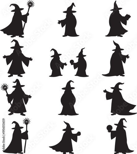 Silhouette wizards in various poses holding staffs and magical orbs against a white background