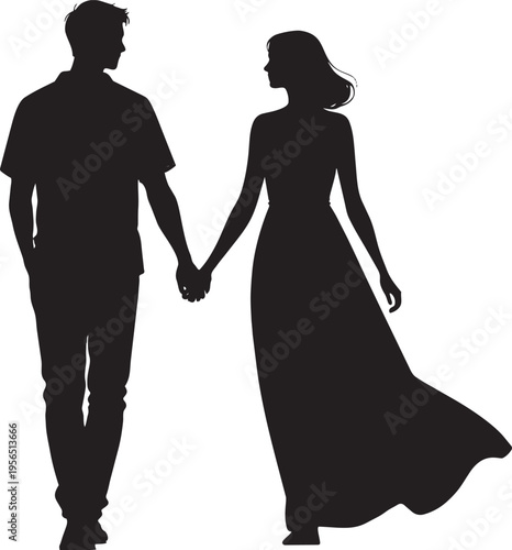 Silhouette of romantic couple holding hands and walking together against white background