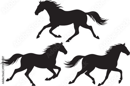 Three black horse silhouettes running and galloping on white background isolated vector illustration